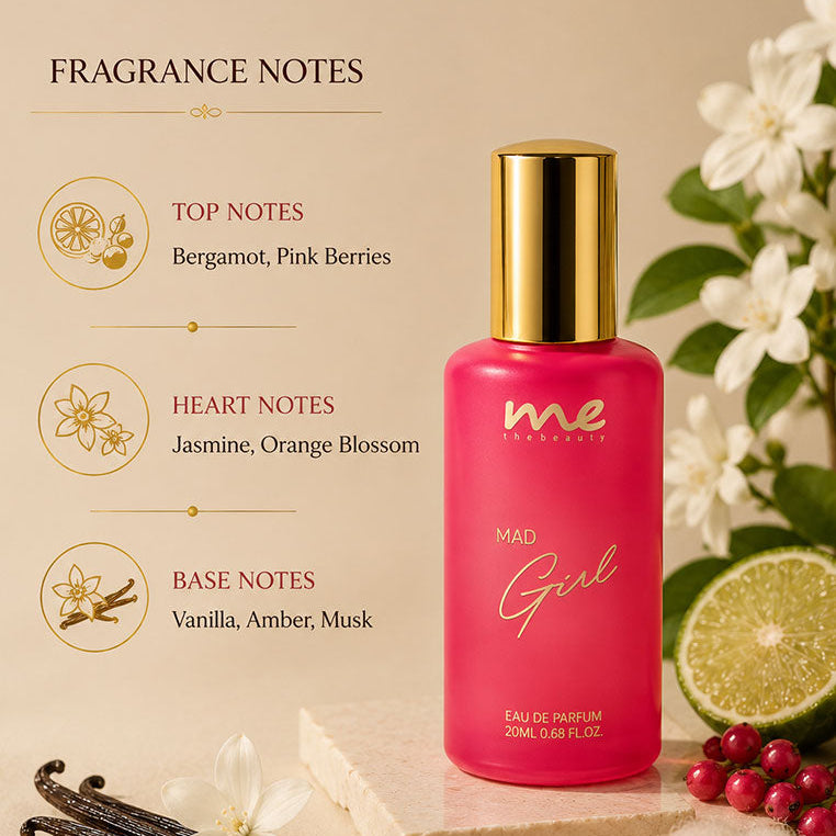 Pink perfume bottle with gold cap on a beige background with floral and fruit elements.
